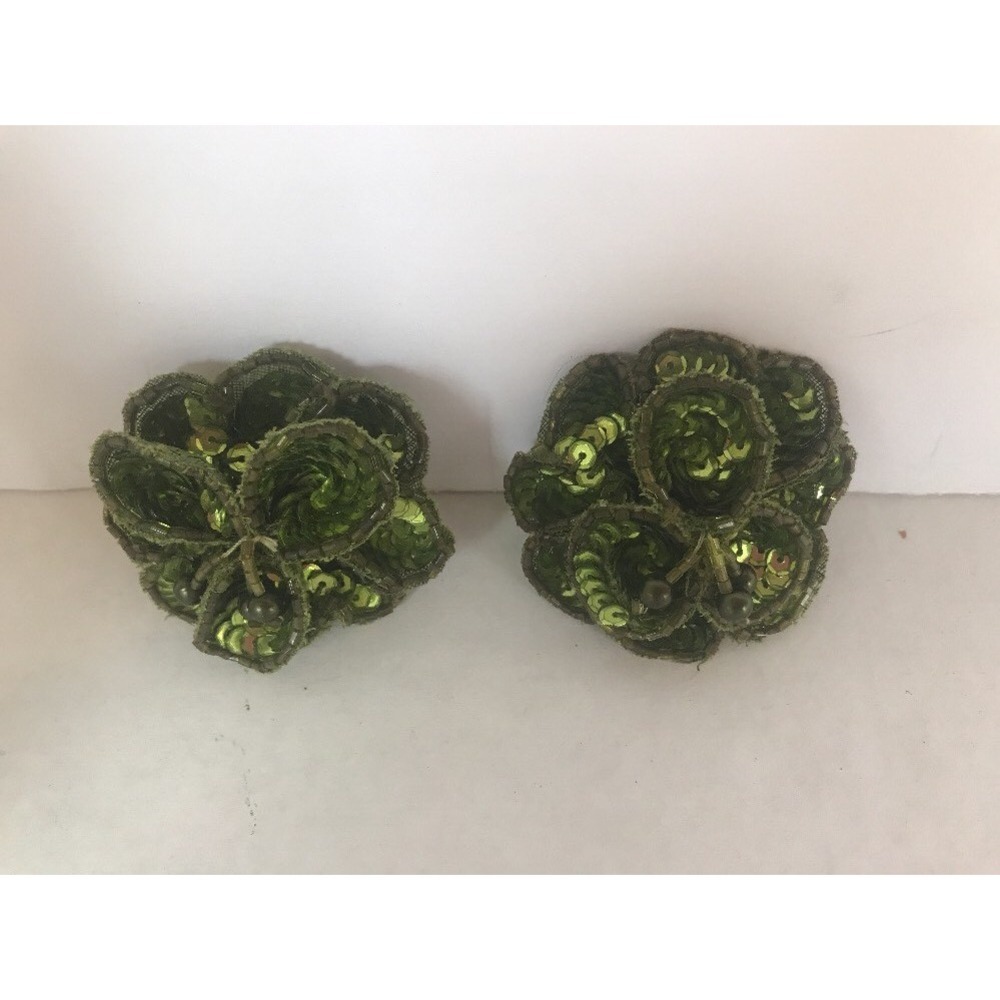 Earrings GREEN BEAD‎ FLOWER Design CLIP-ON fabric bulky big 2.5 inches